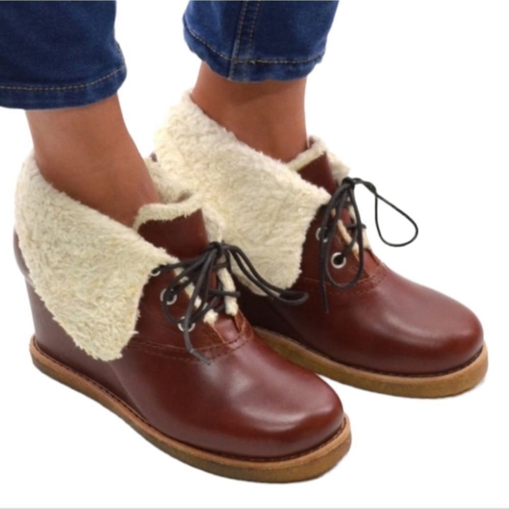 SWEDISH HASBEENS Pastry Fur Lined Leather
Foldover Wedge Booties 37